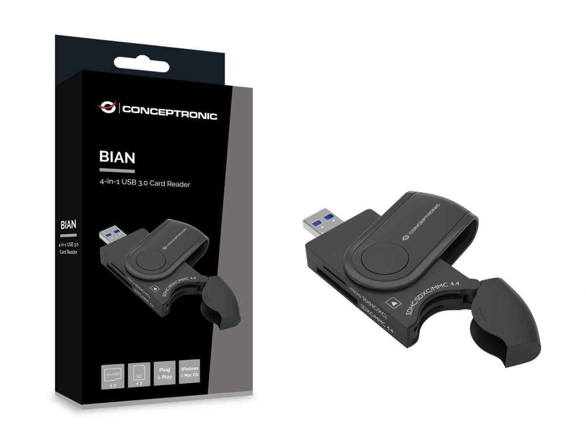 Kártyaolvasó Conceptronic  BIAN04B 4-in-1 USB 3.0 Card Reader Black