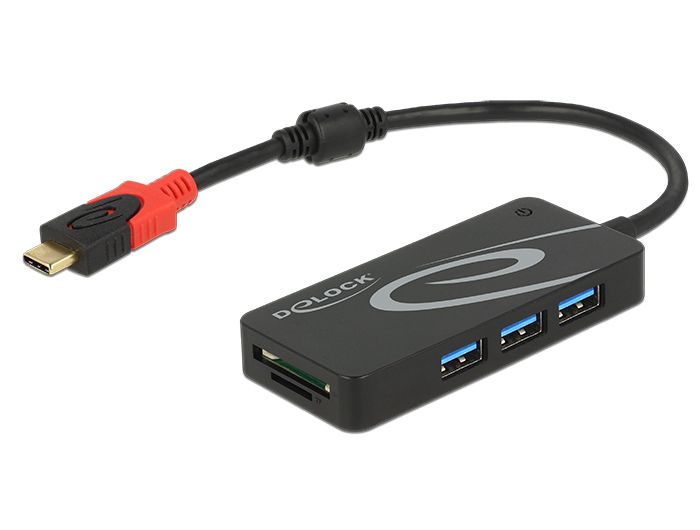 Kártyaolvasó DeLock External USB 3.1 Gen 1 Hub USB Type-C > 3xUSB Type-A + 2Slot SD Card Reader Black