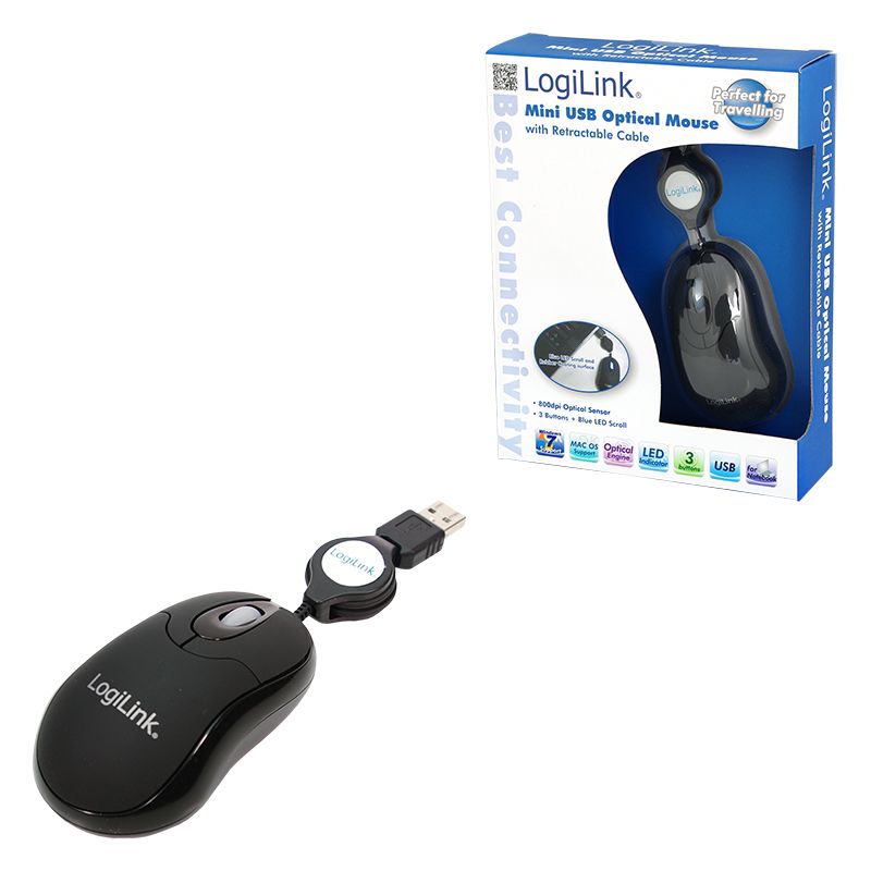 Egér Logilink ID0016 mouse optical USB mini with retractable cable Black