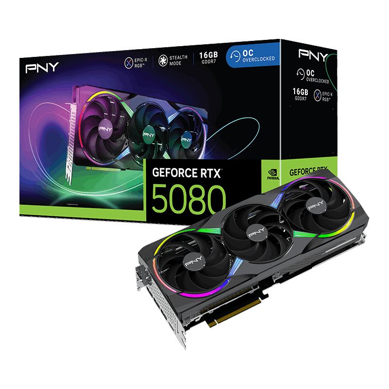 Videókártya PNY GeForce RTX5080 16GB DDR7 ARGB EPIC-X RGB Overclocked Triple Fan