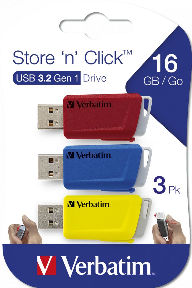 USB Flash RAM Verbatim 16GB Store ''n'' Click USB 3.2 Red/Blue/Yellow (3db)