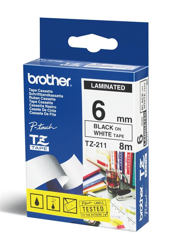 Brother TZE-211 laminált P-touch szalag (6mm) Black on White - 8m Brother TZE-211 laminált P-touch szalag (6mm) Black on White - 8m