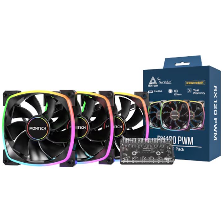 Ventilátorok, Hűtők, Előlapi panelek Montech RX120 PWM 3 in 1 Pack Black